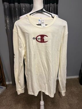 Champion Cream Long Sleeve Tee with Maroon Logo